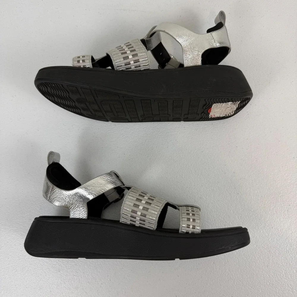 FITFLOP F-MODE METALLIC-LEATHER/WEBBING FLATFORM FISHERMAN SANDALS Women's 9 US